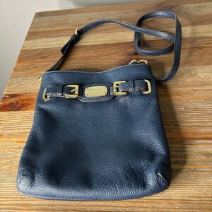 Michael‎ Michael Kors Navy blue Hamilton pebbled Leather Crossbody Bag Gold